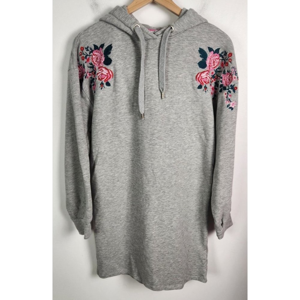 EDC by Esprit Sz. S Grey W/ Pink Embroidered Flower Hooded Sweatshirt Dress